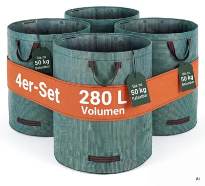 Produktbild von GARDEBRUK® Gartenabfallsack 4x280 Liter 50 kg Belastbarkeit doppelte Nähte 3 stabile Griffe robust abwaschbar Garten Rasensack Gartentasche Laubsack, KI-generiertes Bild