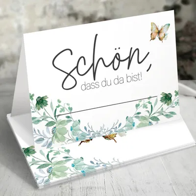 Produktbild von 50 Tischkarten Schön dass du da bist, Floral Butterfly Salbeigrün Hochzeit