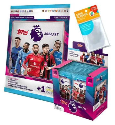 Obrázek produktu pro Sada karet Premier League 2026/27 – 1 startovní balíček + 1 vystavovací balíček (28 boosterů) + exkluzivní ochranné obaly pro sběratelské karty