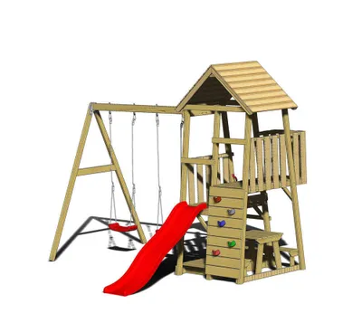 Produktbild von Wendi Toys Holz Spielturm Flamingo mit Rutsche, Kletterwand, 2 Schaukeln & Picknicktisch Natur 280x340x270 cm