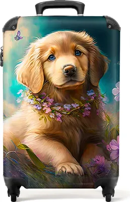 Obrázek produktu pro NoBoringSuitcases.com® Kufr Příruční zavazadlo na kolečkách Rolling suitcase Malý cestovní kufr na 4 kolečkách - Puppy - Flower wreath - Butterfly - Dog - Golden Retriever - Cabin Size < 55x40x23 cm & 55x40x20 cm - Photo suitcase - Cabin suitcase - Board luggageKufr do příručního zavazadla 55x35x20 cm, 36L,