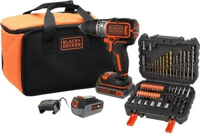 Immagine prodotto di Avvitatore a percussione a batteria BLACK+DECKER 18 V, 2 batterie (2,5 Ah e 4 Ah), 50 accessori, senza spazzole, mandrino da 13 mm, BL188ME2SA-QW