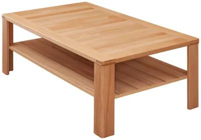 Couchtisch Wohnzimmertisch NATURE ONE Kernbuche mit rechteckiger Tischplatte und darunter liegender Ablage, Gesamtansicht.