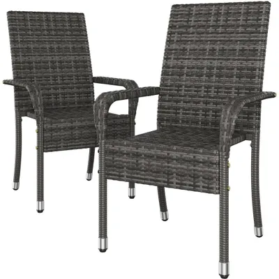 Produktbild von Yaheetech 2er Set Gartenstuhl aus Polyrattan, stapelbare Rattan-Stühle, mit Armlehnen & Rückenlehne, verstellbare Schutzfüße, Grau