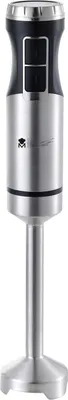 A studio shot of a silver and black immersion blender against a white background.