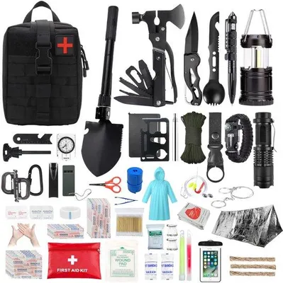 Produktbild von Überlebenskit - 206-Stück Überlebensausrüstung - Vollset für Abenteurer - Outdoor - Camping - Wandern - Ideal für Männer