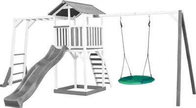 Produktbild von AXI Beach Tower Spielturm aus Holz in Weiß & Grau | Spielhaus für Kinder mit grauer Rutsche, Klettergerüst, Nestschaukel und Sandkasten | Stelzenhaus für den Garten