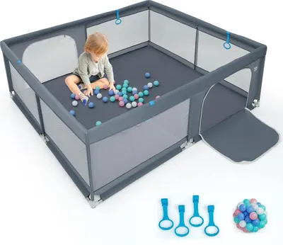 Produktbild von COSTWAY 200 x 180cm Laufstall baby faltbar, Laufgitter mit 50 Ozeanbällen & 4 Griffen, Krabbelgitter mit atmungsaktiver Mesh & Tür, Laufgitterzelt für Säuglinge und Kinder (Schwarz)