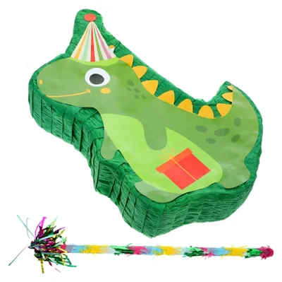 Produktbild von Dinosaurier-Piñata für Kindergeburtstage mit grünem Dino und gefüllter Dekoration