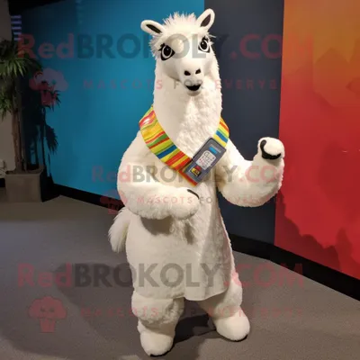 Produktbild von Cremefarbener REDBROKOLY Lama Maskottchen Kostüm charakter bekleidet mit Capri-Hosen und Schal-Clips