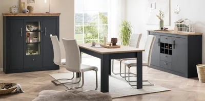 Produktbild von Esszimmer Set "Ribera" in grau und Wotan Eiche Landhaus 3-teilig mit Esstisch, Highboard und Sideboard, Soft-Close-Funktion