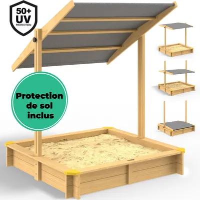 Image de SPIELWERK® Bac à sable en bois FRITZI 140x140cm tapis de sol toit réglable protection UV 50+ jeu pour enfants extérieur jardin