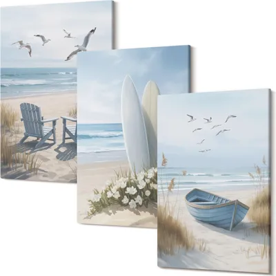 Produktbild von Leinwandbilder – Wandbilder – Leinwandbild – Canvas Bild – Polycanvas – Kunstdruck –  – Modern – Aufhängefertig – Mehrteilig – 3-Teilig – 40x60 Cm Pro Bild - Strand mit Surfbrettern, Booten und Vögeln