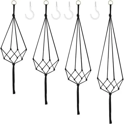 Image de Pots suspendus en macramé noir en coton, pour l'intérieur et l'extérieur