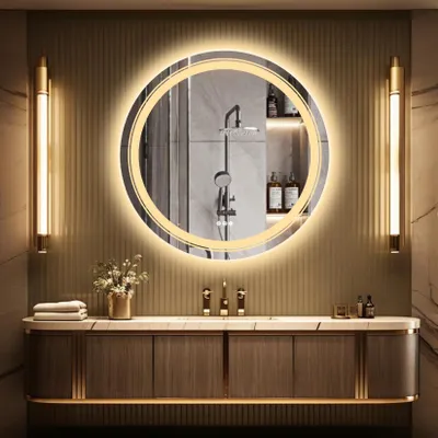 Produktbild von Vrygle LED Badspiegel Rund 60 cm—Spiegel mit Beleuchtung, Antibeschlag & Spiegelheizung, Dimmbar, 3 Touch-Schalter, Warmweiß/Kaltweiß/Neutralweiß