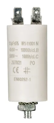 A white capacitor with electrical terminals and markings.