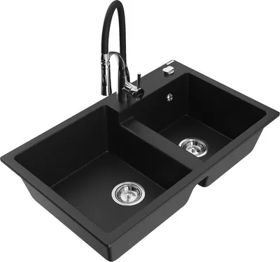 Produktbild von Mexen Tomas 2-Becken-Granitspüle mit Mischbatterie Aster, Schwarz - 6516-77-73450-07
