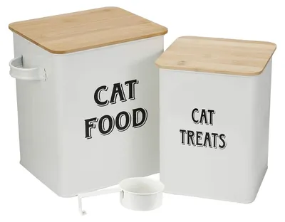 Katzenfutter-Set mit Schaufel, Holzdeckel, Stahl, 2 Dosen, Weiß