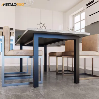 A modern dining set with a large rectangular table and chairs in a contemporary kitchen setting.