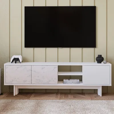 Obrázok produktu pre Skye Decor, kvalitný stojan na televízor (3 kusy) – biela a mramorový vzhľad, 100% melamín, 150 cm