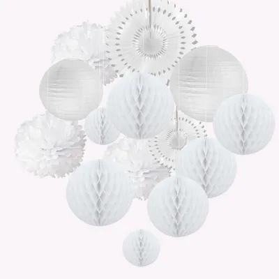 Produktbild von Deko Set Weiß: Lampions, Pompons, Wabenbälle, Papierfächer für Party & Hochzeit