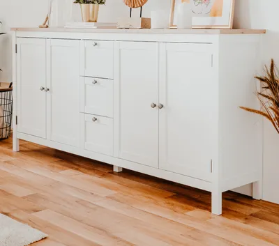 Produktbild von Sideboard Bergen in weiß und Eiche Artisan Kommode 4-türig mit 3 Schubladen Landhaus Anrichte 180 x 90 cm