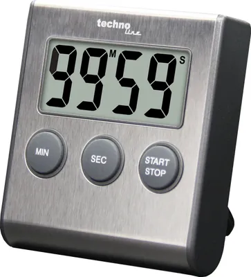 A digital kitchen timer with a brushed metal finish and a clear digital display.