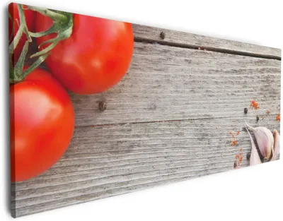 Produktbild von Wallario Premium Leinwandbild Tomaten und Gewürze auf altem Holztisch in Größe 80 x 200 cm