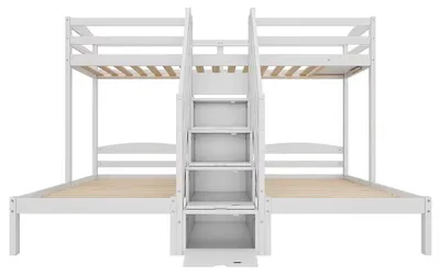 Zdjęcie produktu dla Łóżko piętrowe - 90 x 200 cm - 3 miejsca do spania - Białe drewno sosnowe - Schody z szufladami - Barierki ochronne - Bez materacy