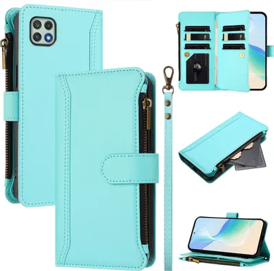 Image de Etui pour Samsung Galaxy A22 5G, zippé, étui portefeuille en cuirPolyuréthaneavec pochettes pour cartes, support et dragonne vert menthe