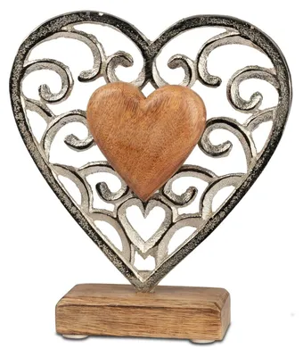 Produktbild von formano Deko Herz Aluminium Mangoholz Sockel 17 x 15 cm Dekoaufsteller Tischdeko Silber Skulptur Moderne Wohndeko Herz-Figur Geschenkidee Wohnzimmer B