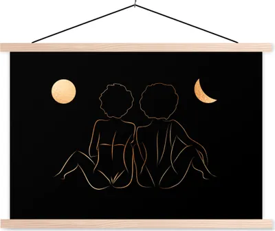 Produktbild von MuchoWow® Textilposter Frauen - Mond - Gold - Strichzeichnung 120x80 cm mit holzfarbenen Rahmen - Aufhängeset