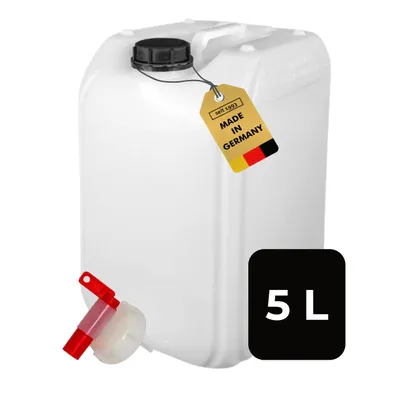 Produktbild von ABACUS® 5 Liter Wasserkanister Natur Chemiekanister Auslaufhahn und Deckel (DIN 51) Lebensmittelecht Indoor und Outdoor BPA Frei Säurefest mit Skala
