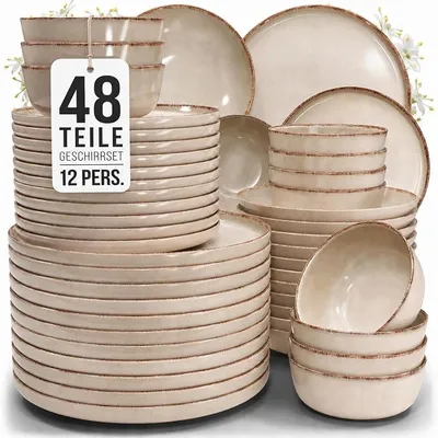 Imagen del producto de Juego de vajilla de gres Silecomplaza para 12 personas, estilo rústico, 48 piezas, GANADOR DE PRUEBAS. Juego de vajilla de gres de alta calidad, estilo campestre, juego de cuencos y platos, juego de mesa para 12 personas, vajillas Pure Living en color beige