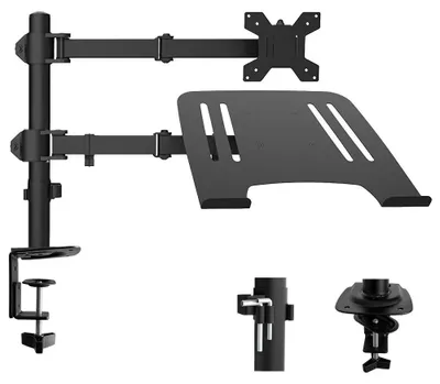 Image de Bras double pour écran avec support pour ordinateur portable - Support pour écran et ordinateur portable - Pour écrans de 33 à 81 cm - Pour ordinateurs portables de 33 à 61 cm - Réglable en hauteur, compatible VESA - Noir