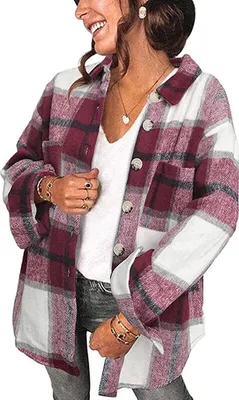 Produktbild von ASKSA Damen Plaid Knöpfe Shirts Flanell Farbblock Oberteile, Weinrot, L