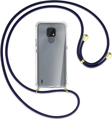 Produktbild von Handykette Backcover-Schutzhülle mit Band (Metall goldfarben) für Motorola Moto E7 - dunkelblau