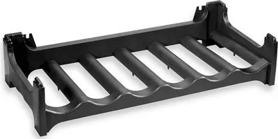 A black plastic wine rack with six slots.