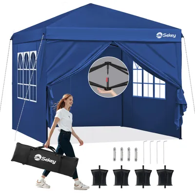 Produktbild von Sekey Faltpavillon 3x3 mit 4 Seitenwänden und mit 4 Sandsäcke, Wasserdicht Pop Up Pavillon für Camping, Festival, Events, Picknicks, Dunkelblau