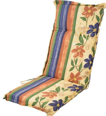 A chair cushion with a floral and striped pattern.