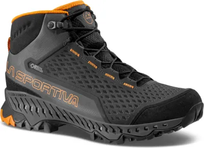 Schwarze Wanderschuhe "Stream GTX" von La Sportiva mit orangefarbenen Akzenten und griffiger Sohle.