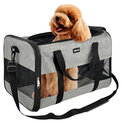 Produktbild von Transporttasche für Katzen und Hunde, atmungsaktiv und faltbar, mit verstellbarem Schultergurt und abnehmbarer Plüschmatratze (Grau, L)