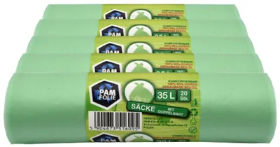 Produktbild von PAM-FOLIE Biomüllbeutel 35L - 100 Stück - Kompostierbare Müllsäcke - 5 Rollen - Biologische, reißfeste Abfallsäcke für Biotonne