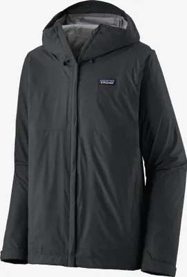 A black Patagonia rain jacket is shown against a white background.