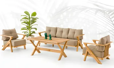 Produktbild von Gartenmöbel Set aus Holz und Textil in Beige, modern, 4-teilig