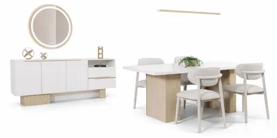 Immagine prodotto di Set da pranzo bianco: elegante tavolo da pranzo, raffinata credenza e 4 sedie