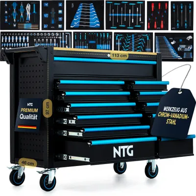 A black tool cart with blue accents and multiple drawers, displayed on a white background. The cart is shown with various tools arranged in foam inserts within the drawers and also in separate panels above the cart.