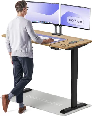 Image de Desktronic HomePro Bureau électrique réglable en hauteur 140x70cm chêne massif/noiravec fonction mémoire, technologie anti-collision, ports de chargement USB-A et USB-C