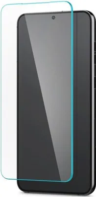 A screen protector is shown placed over a smartphone.