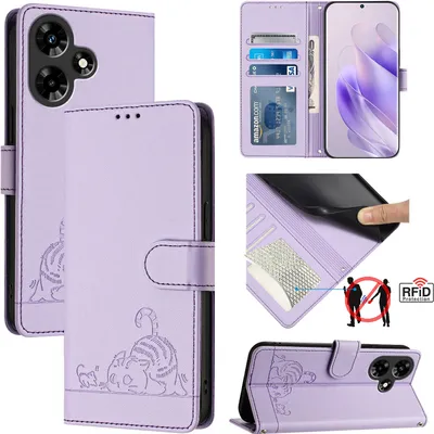 Produktbild von Leder Hülle für Infinix Hot 30 4G Süße Katze Flip Case Brieftasche Schutzhülle mit Standfunktion Lila